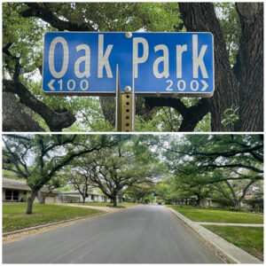 Oak Park street sign in Northeast Inner Loop, in 78209 zip code in San Antonio, Texas